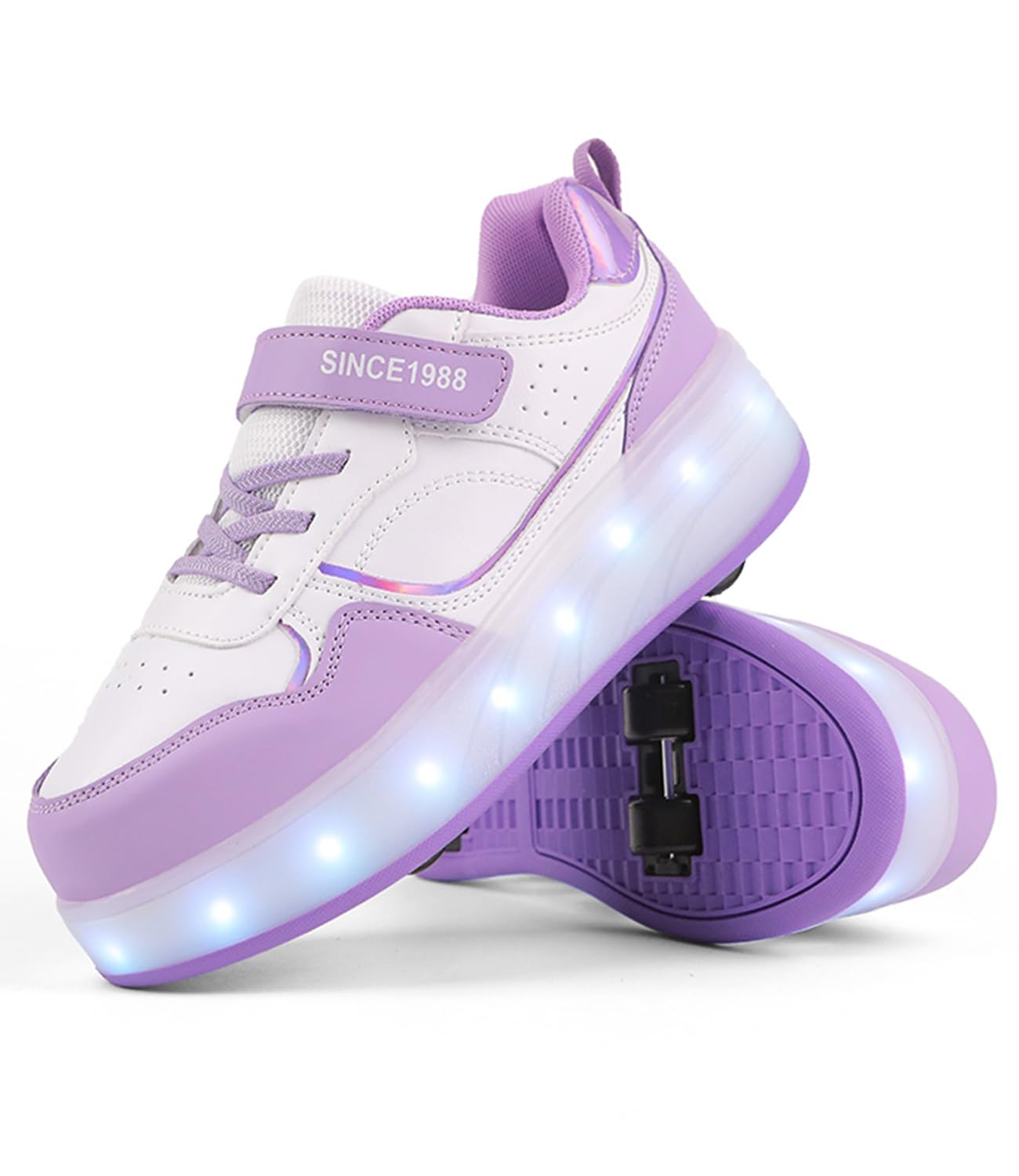 FANSU Schuhe mit Rollen für Jungen & Mädchen, Kinder LED Rollschuhe Schuhe mit 4 Rollen, Lila Outdoor Girls Roller Shoes Turnschuhe 2-in-1 Roller Skate Shoes
