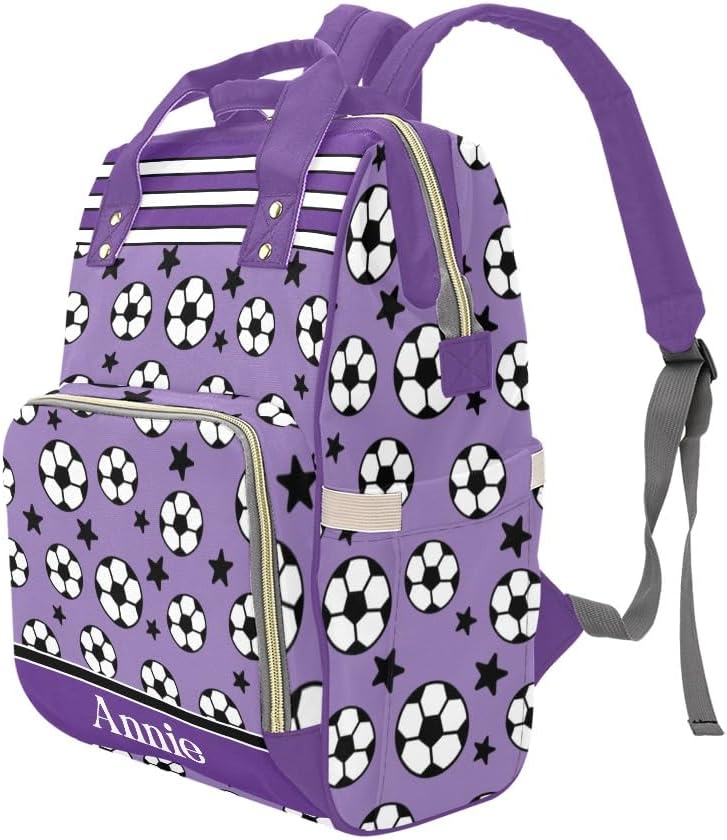 Sport Soccer Purple Personalized Diaper Bag Backpack,Custom Name Large Capacity Diaper Backpack Travel Casual Daypack Nappy Bags Gifts