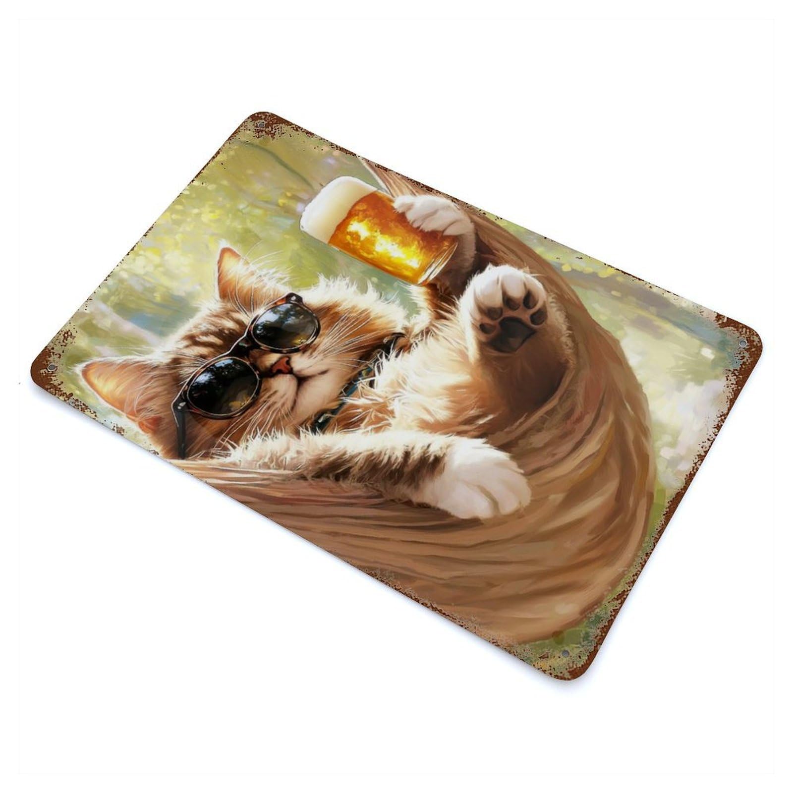 Garage Style Cool Cat Relaxing with Beer Distressed Metal Wall Sign 11.8"x7.9", Vintage Wall Decor for Bar And Workshop