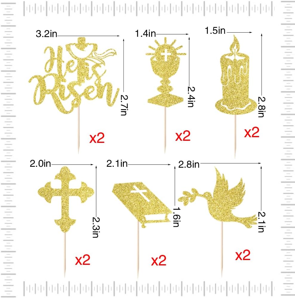 12 Pcs Cross Jesus Easter Cupcake Toppers，He is Risen Cupcake Picks Holy Bible God Bless Cake Decorations，Christianity Theme Baby Shower Kids Birthday Party Cake Decorations Supplies Gold
