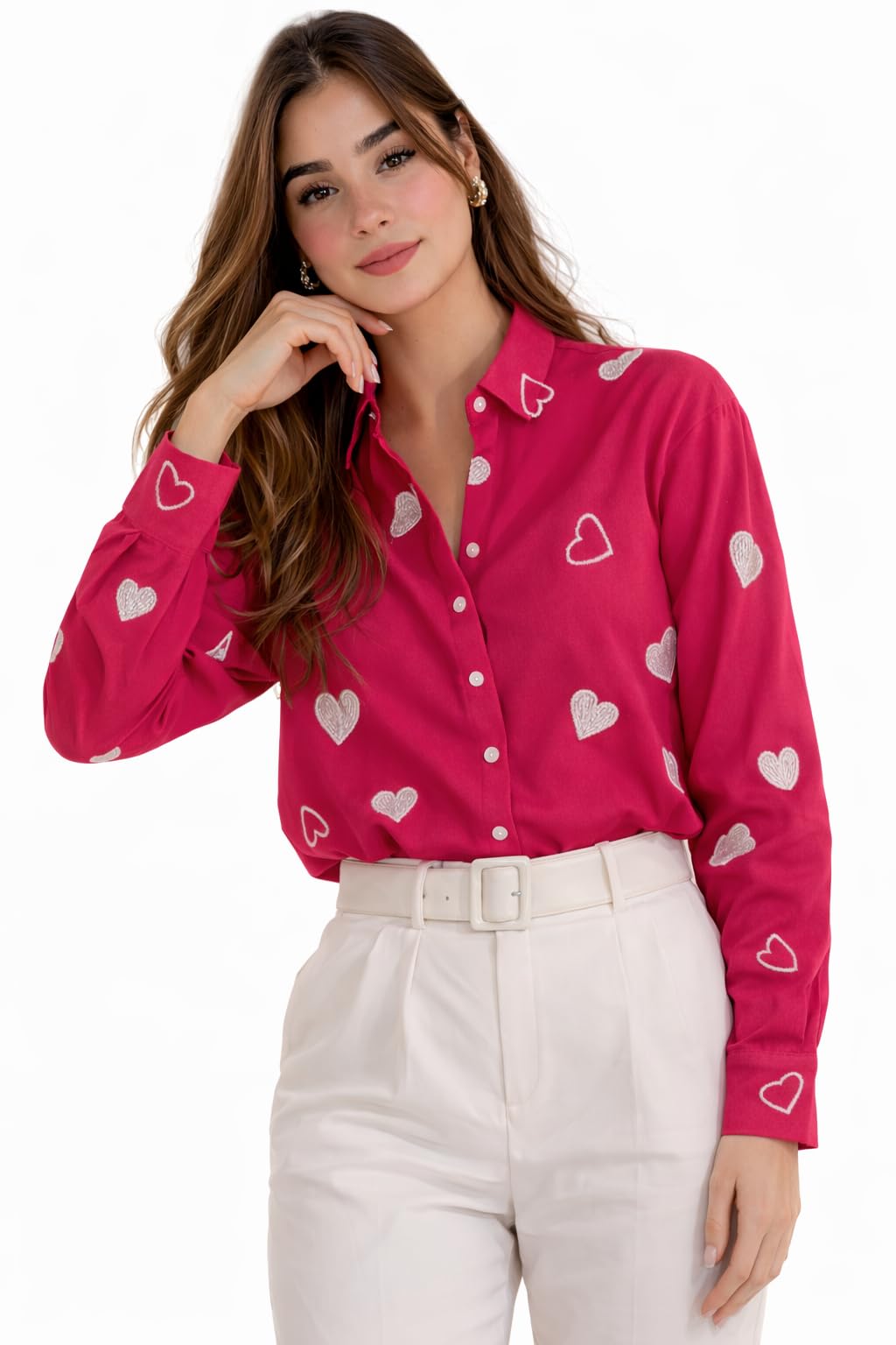 Women Viscose Rayon Embroidered Shirt | Casual Office Wear Stylish Top Pink Printed Button Down Shirt-image-38