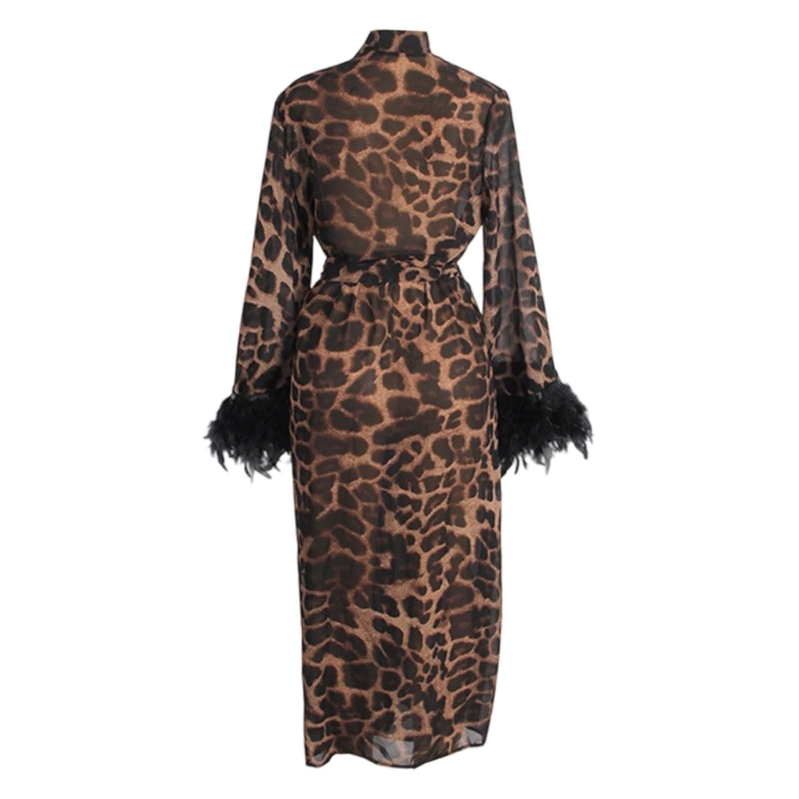 Robe de chambre sexy pour femme - Robe longue léopard avec plumes - Robe kimono en tulle - Grandes tailles - Lingerie sexy - Vêtement de nuit Curvy - Nuisette - Avec ceinture
