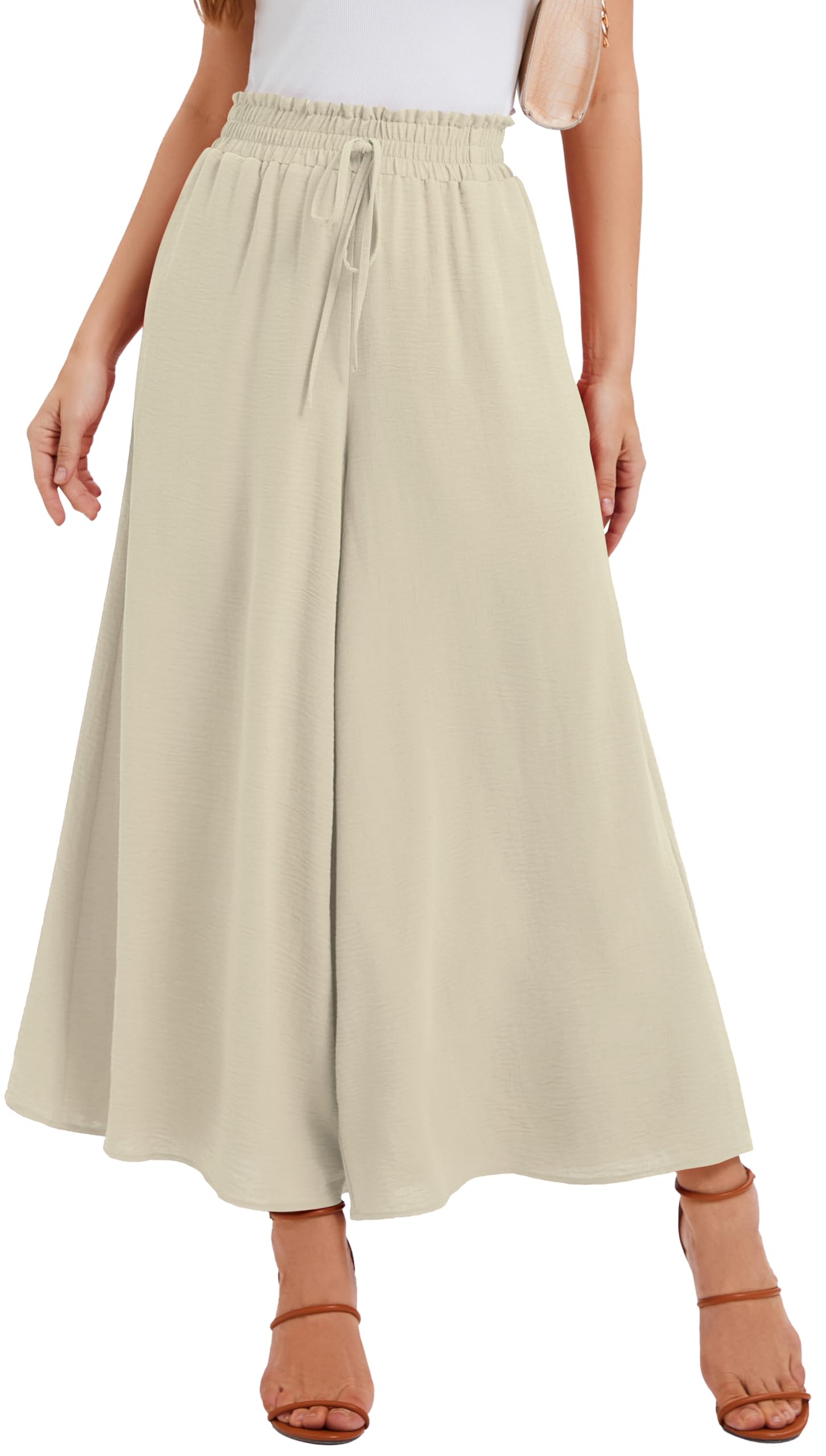 WUWUSKY Sommerhose Damen Leicht Lässige Palazzo Hose Elegant High Waist Baggy Freizeithose mit 2 Taschen