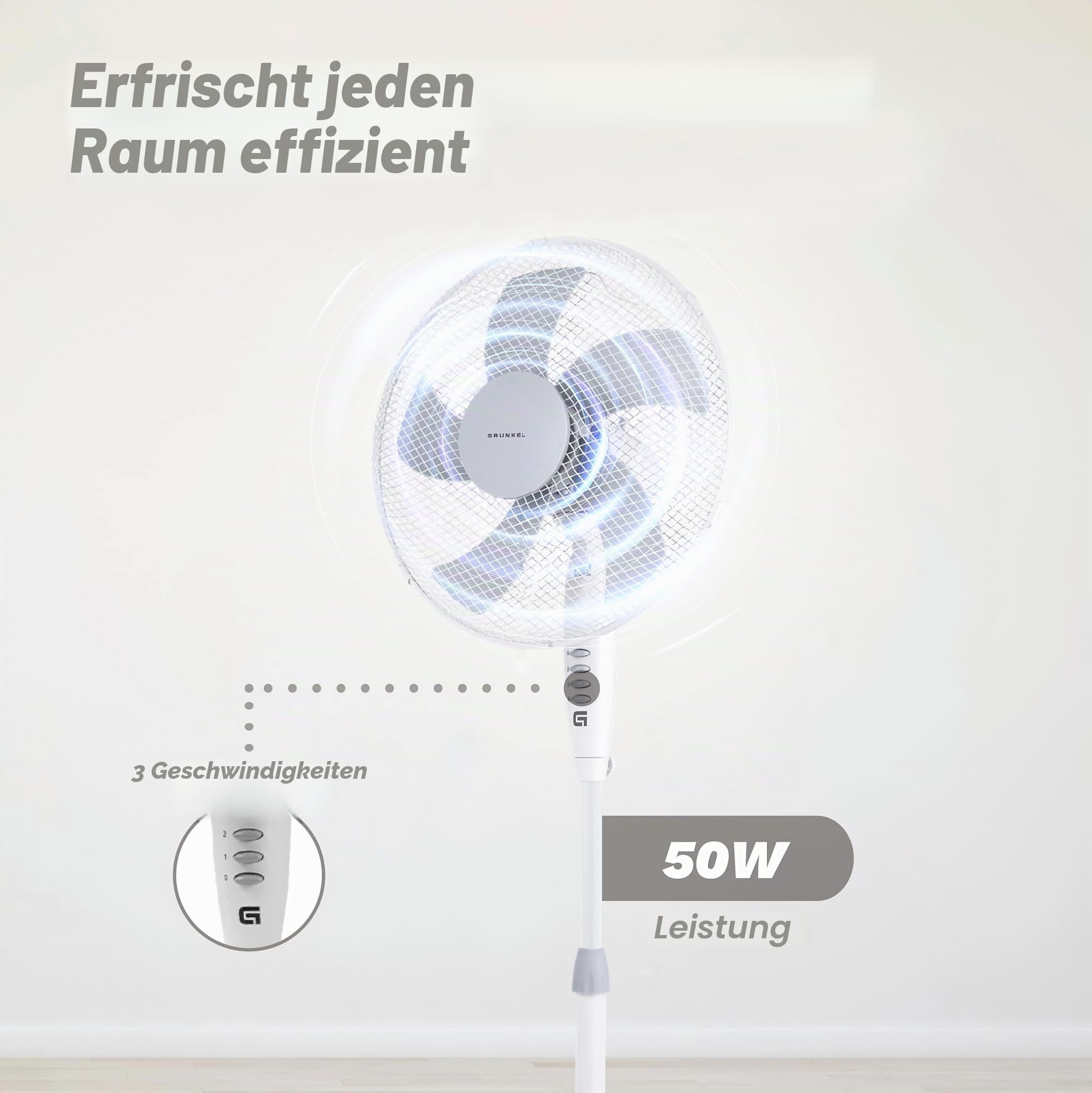 Grunkel - 16" Standventilator mit 3 Geschwindigkeitsstufen und Höhenverstellung - FAN-G165X - Blattfuß mit 62 cm Durchmesser und 3 halbtransparenten Flügeln - 50 W - Weiß