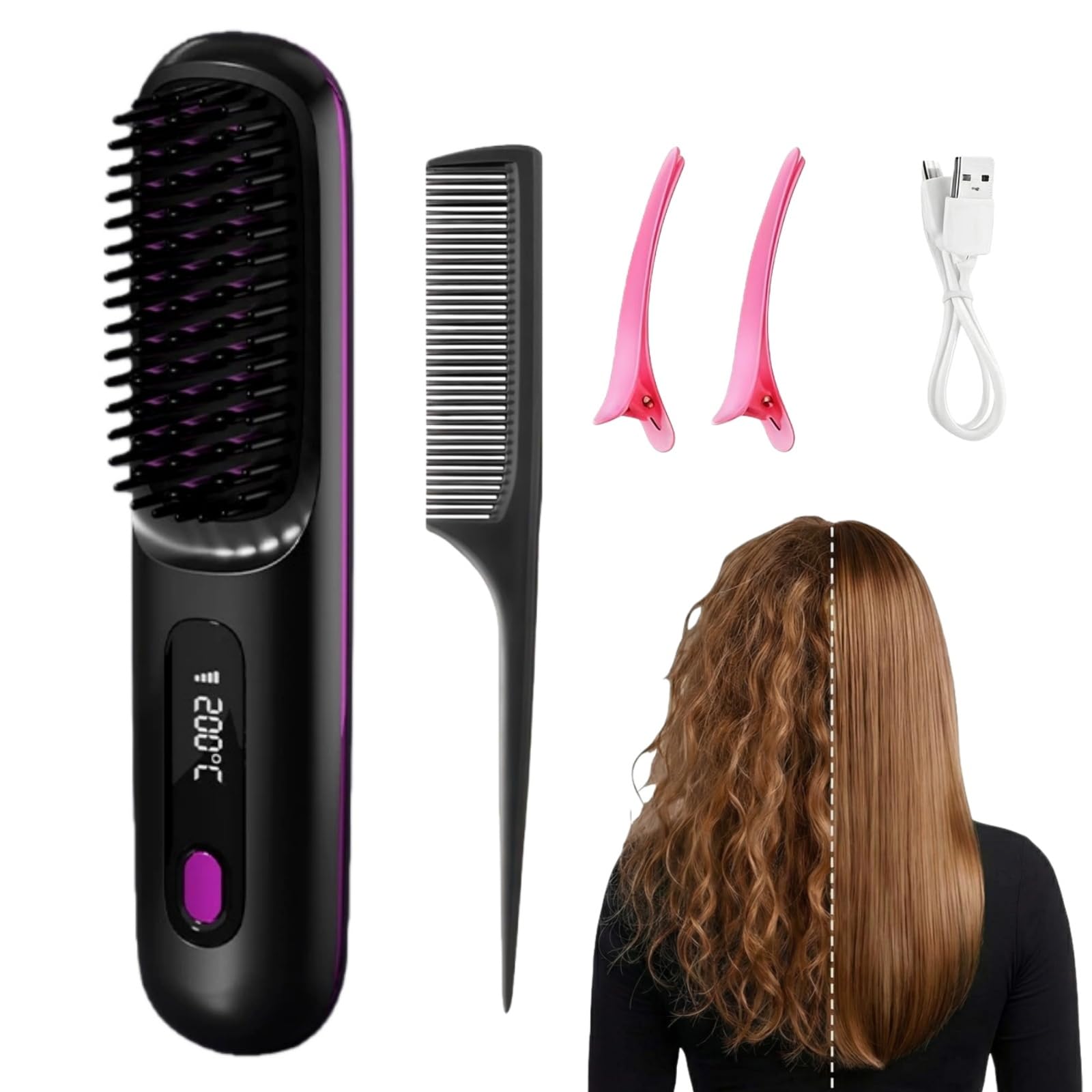 EverHaar Tragbare Glättungsbürste – GoBrush PRO tragbare kabellose Mini Haarglätterbürste für Frauen 2-in-1 Keramik Ionen-Technologie 5 Temperaturstufen LCD USB aufladbar schnelles Aufheizen