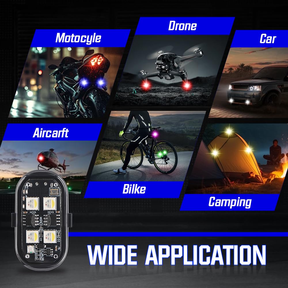 Lumières Stroboscopiques LED Moto avec Télécommande 8 Couleurs Imperméable Sans Fil Lumière D'anti-Collision USB Chargé Strobe Drone Light pour Moto RC Voiture Drone Camion Avion Vélo -8PCS