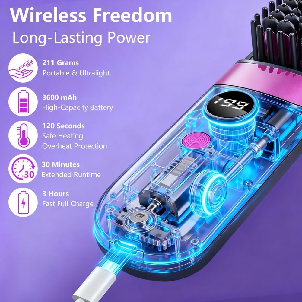 Hemioke Cordless USB Rechargeable Ionic Hair Straightener Brush, Anti Frizz Ceramic Heated Brush for Thick Curly Hair, Fast Heating Travel Hair Straightener Brush for Women — view 6