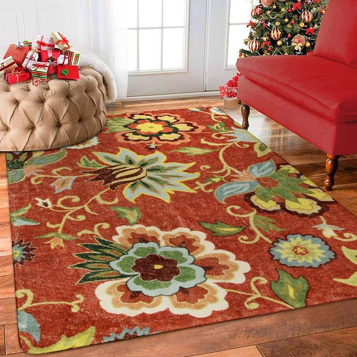 Lahome Floral 4x6 Red Area Rugs, Washable Throw Soft Rug for Bedroom Non-Slip, Paisley Print Fall Carpet for Christmas Living Room Dinning Room Entryw