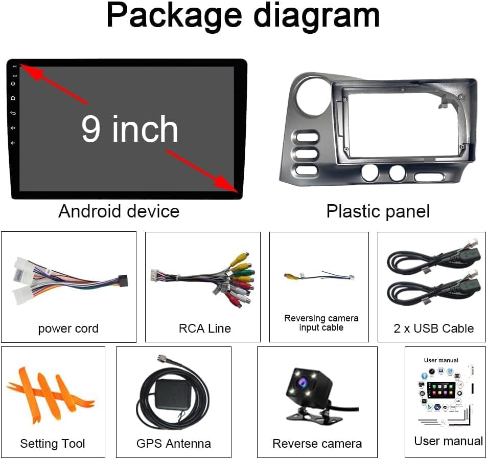 Diagram showing all components included in the package: Android device (9-inch screen), plastic panel, power cord, RCA line, reversing camera input cable, 2x USB cable, setting tool, GPS antenna, reverse camera, and user manual.