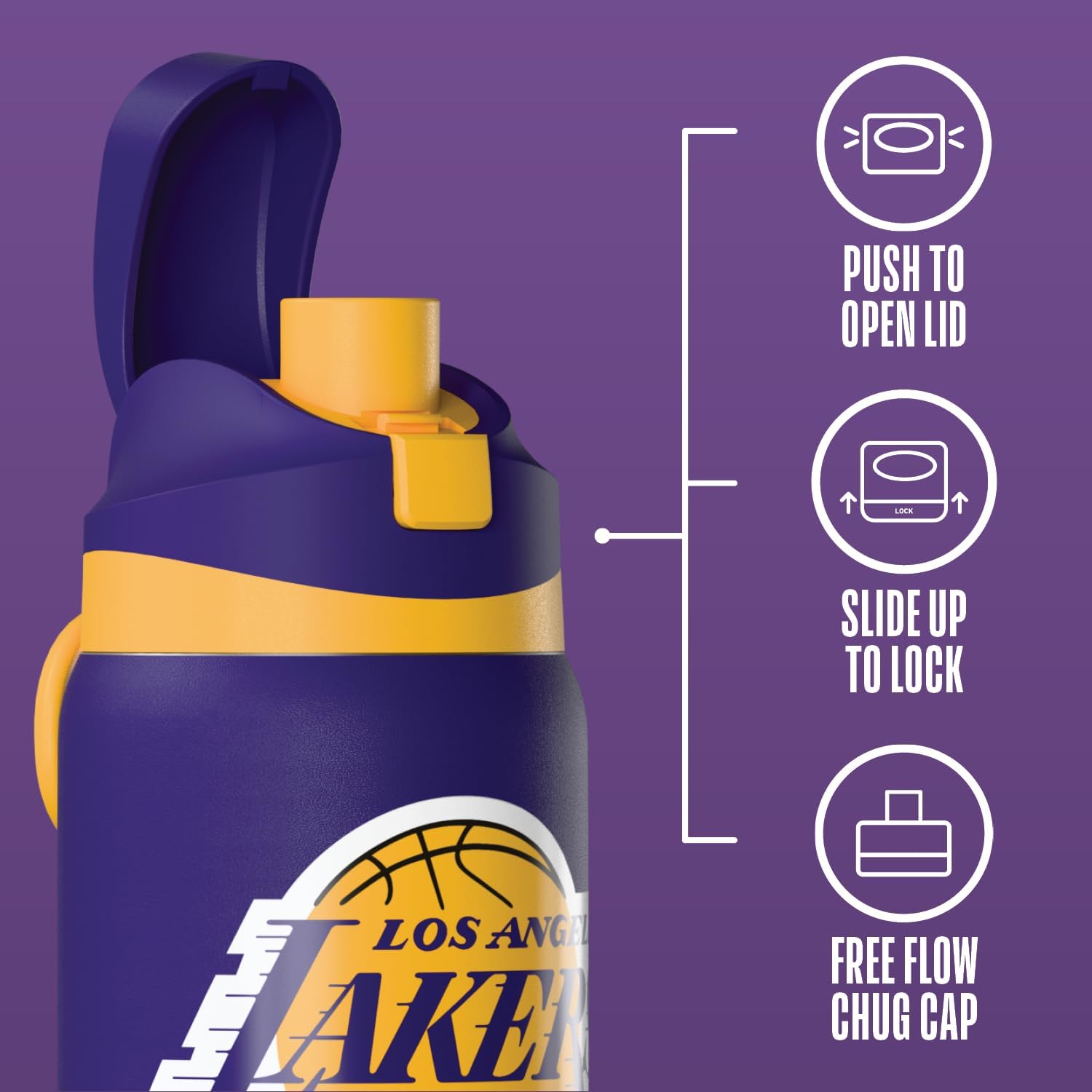 Hydrapeak x NBA Officially Licensed Los Angeles Lakers Oasis 32 oz Water Bottle with Chug Lid Push Button, Stainless Steel Water Bottle No Straw, 32 oz Insulated Water Bottle - Image 6
