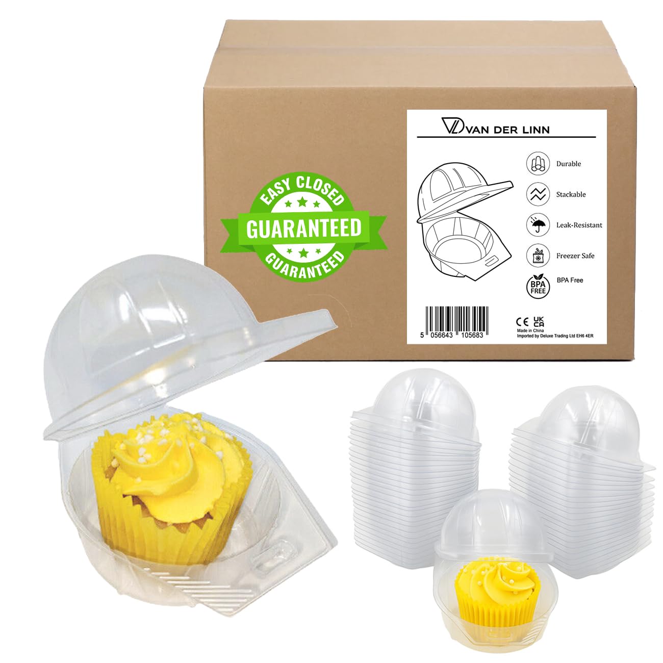Van Der Linn 50 Pcs Clear Single Hinged Cupcake boxes, Plastic Container Holder for Individual Cup Cakes Domes Pods