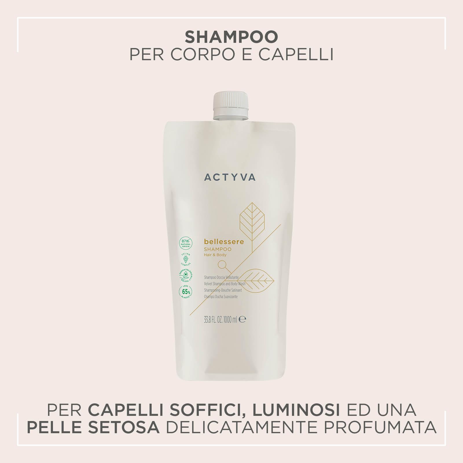 Actyva Bellessere Shampoo, Körper- und Haardusche mit samtiger Wirkung mit Argan- und Leinen-Ölen, 1000 ml