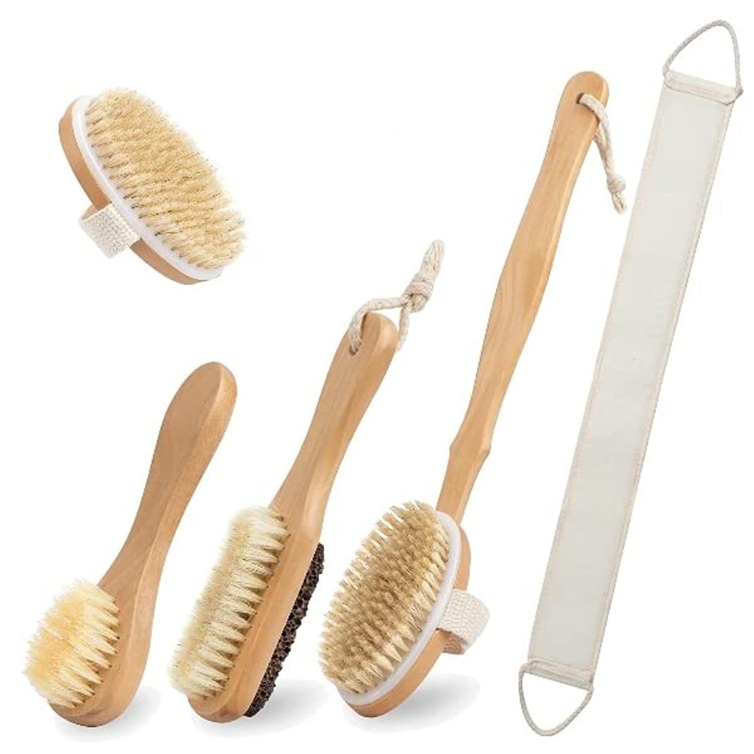 5 Pcs Dry Brushing Set- Bathing Brush Set- Body Brush Set - Dry Skin Exfoliation Brush Set-Dry Brush Long Handle for Shower-Natural Body Brush Set For Cellulite Treatment -Back, Foot Care Brush Kit