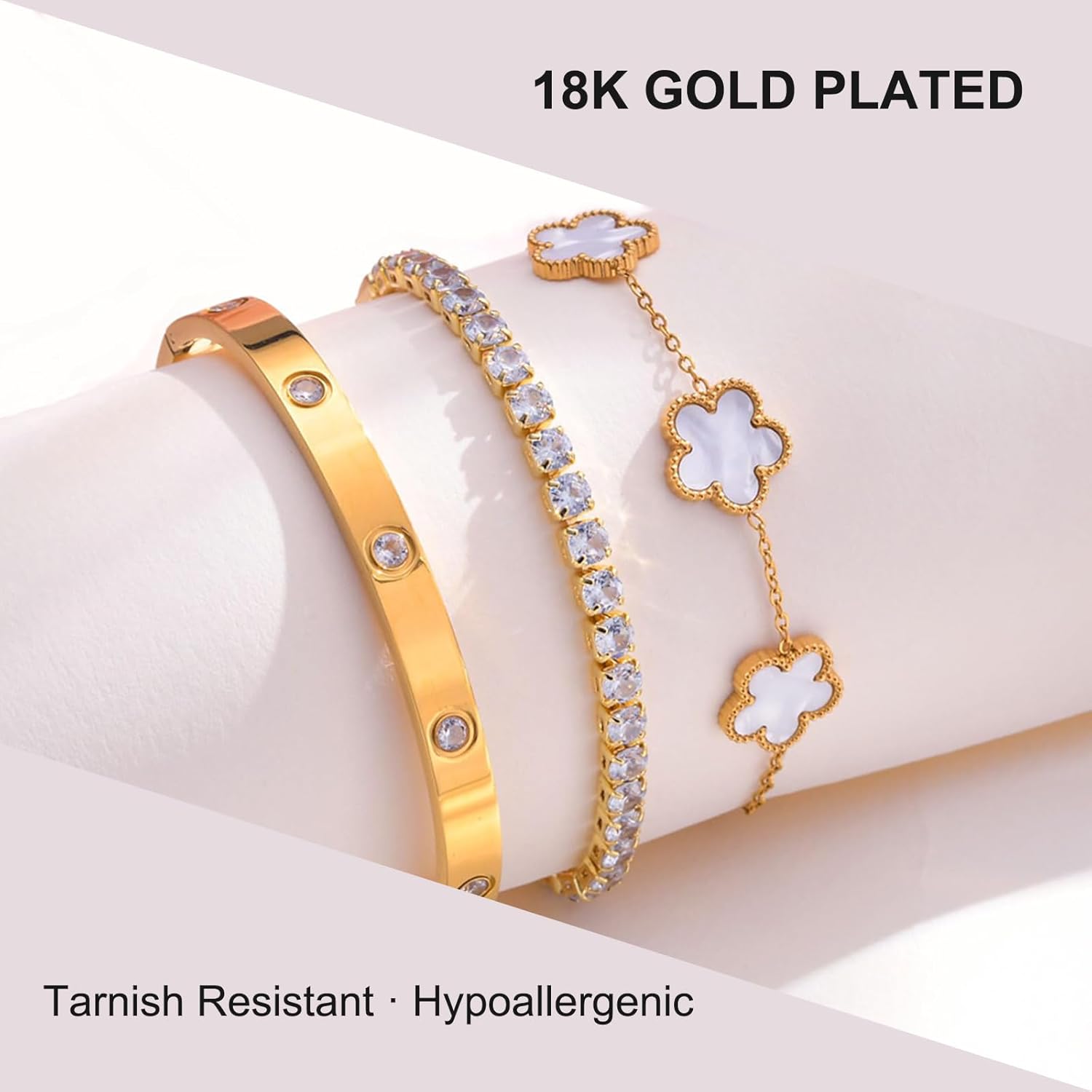 YOUNGGRACE 18K Gold Plated Bracelet Sets for Women - 3PCS Stackable Bracelets Including Bangle, Tennis Chain & Four Leaf Clover Bracelet, Elegant Gold Jewelry Set for Everyday Wear, Gift for Her - Image 4