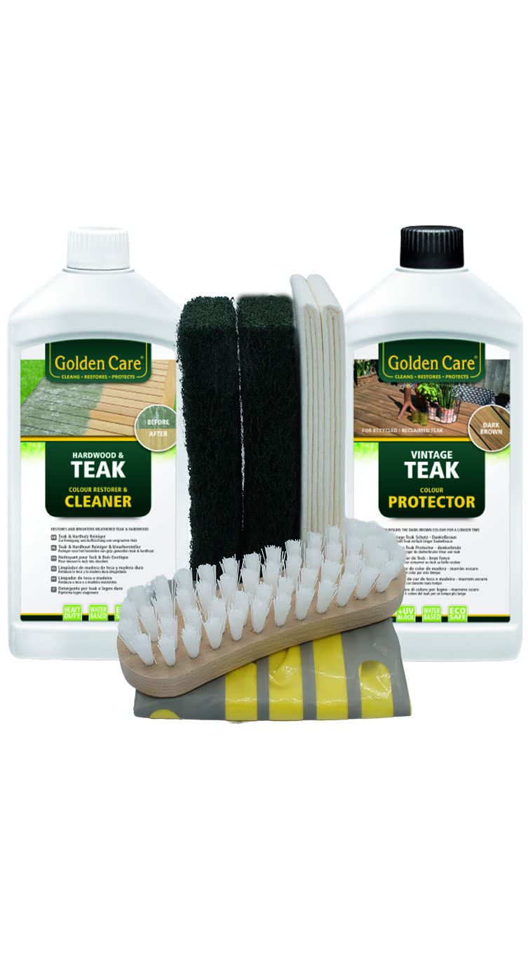 GOLDEN CARE Teak Vintage Protector + Cleaner Holzpflegeset 8tlg. Holz Reiniger Holzschutz Holzpflege für Gartenmöbel