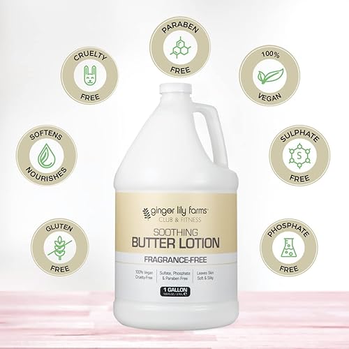 Miniatura 4 de Ginger Lily Farms Club & Fitness Loción de mantequilla calmante para piel seca, 100% vegana y libre de crueldad, sin fragancia, recarga de 1 galón