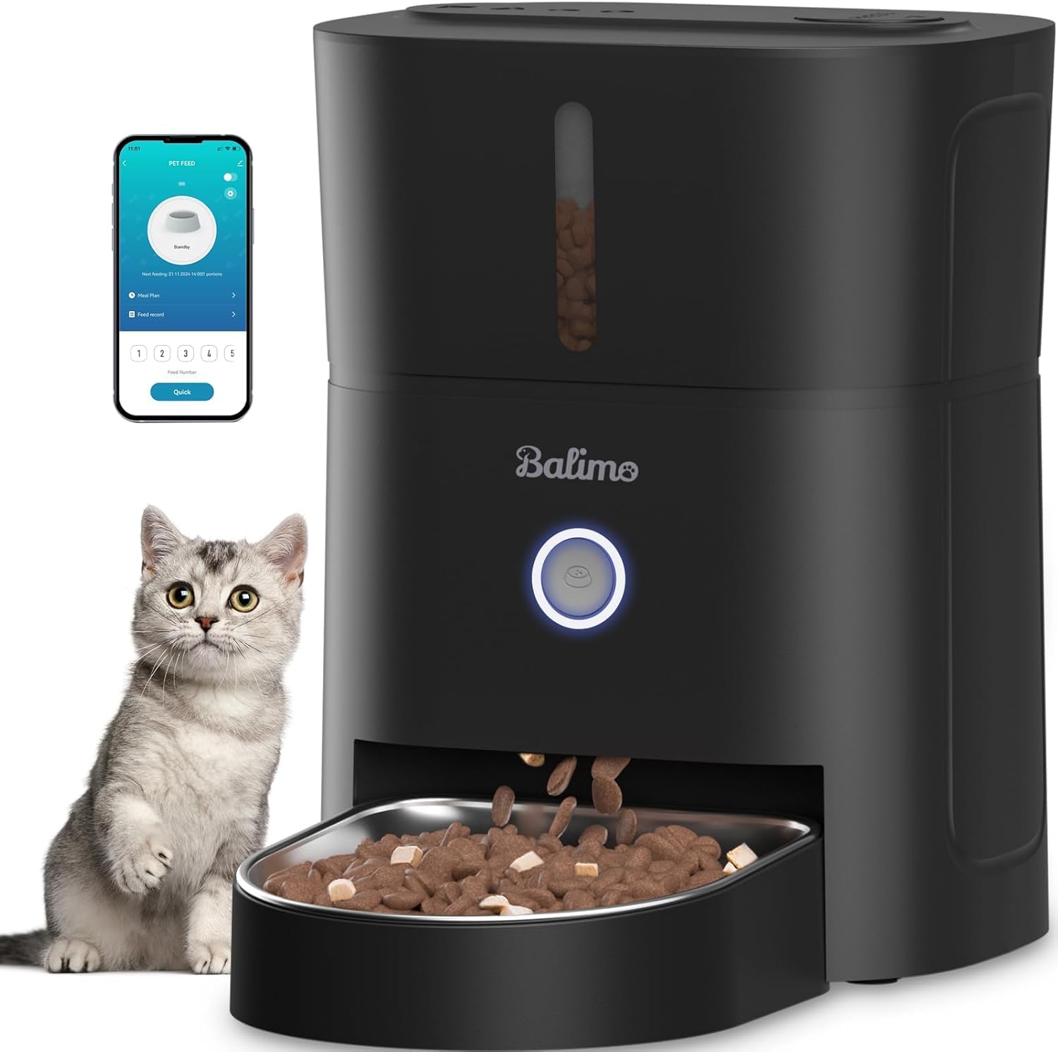 Balimo Futterautomat Katze 3L, WiFi Intelligenter Katzenfutter Automat, Futterspender für Katzen/Hunde Mit Nachtlicht und 304 Edelstahlnapf, APP-Steuerung, 1-10 Mahlzeiten pro Tag, Schwarz