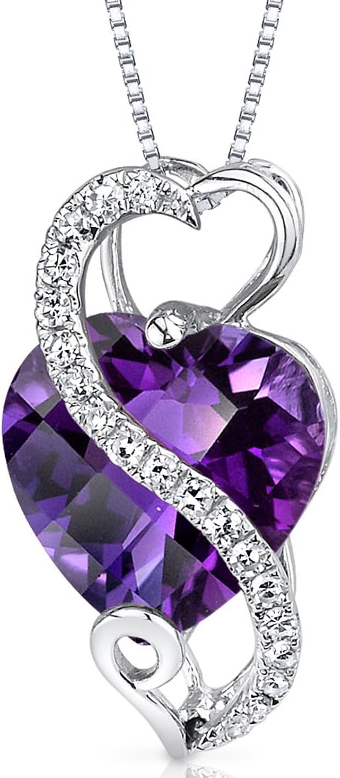 PEORA 14K White Gold Amethyst and Diamond Pendant for Women, Genuine Gemstone, 2.20 Carats Heart Shape, Real Amethyst Necklace, February Birthstone Necklace, For Jewelry Gift & Everyday Wear