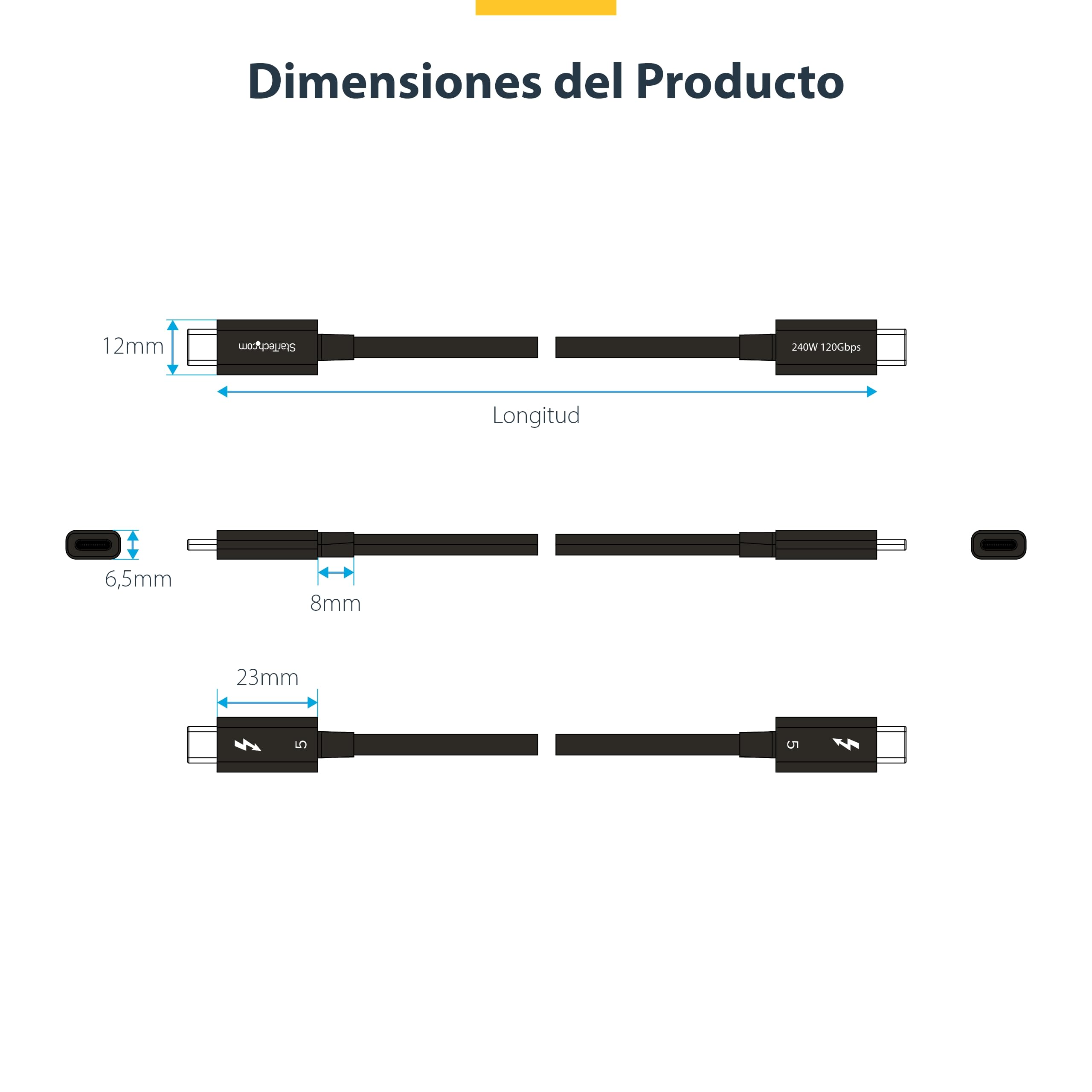 StarTech.com Cable Thunderbolt 5 de 3m - 80Gbps hasta 120Gbps - PD 240W - 8K 60Hz - Certificado - Compatible TB4/USB4