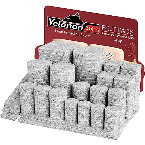 Yelanon Filzgleiter selbstklebend 216 Stück, Schneidbarer Filz für,Kratzfeste Möbelgleiter für Stühlemöbelgleiter,Möbelgleiter,Chair Leg Floor Protectors, Grau