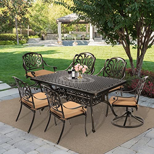 Image of MEETWARM 7-Piece Outdoor Patio Dining Set, All-Weather Cast Aluminum Patio Conversation Set with 2 Swivel Rocker Chairs, 4 Stationary, 1 Rectangular Table, 6 Cushions, 2 inch Umbrella Hole