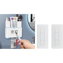 Toothbrush Holder Wall Mounted, WEKITY Multi-Functional Toothbrush and Toothpaste Dispenser for Bathroom, with 5 Toothbrush Slots and 4 Wall Adhesives, 2 Toothpaste Squeezers and 4 Cups