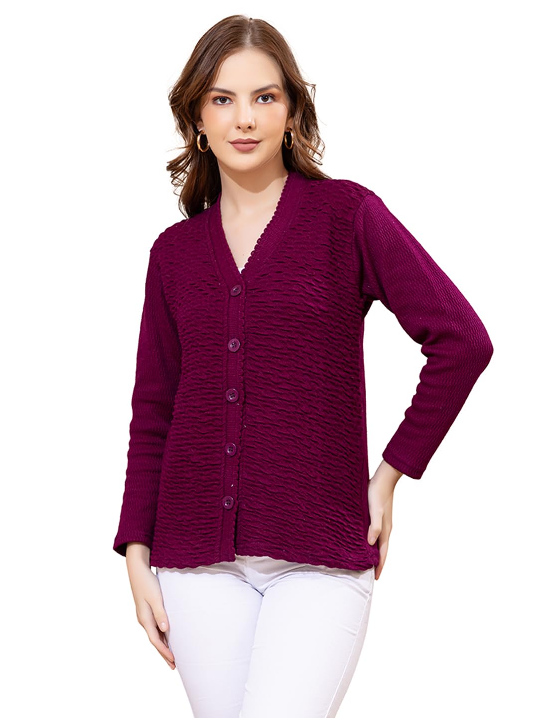 style dusk Women’s Textured Knit Cardigan | Long Sleeve Button Down Wool Blend Sweater | Elegant V-Neck Winter Knitwear for Casual, Office & Layered Outfits-picture-31