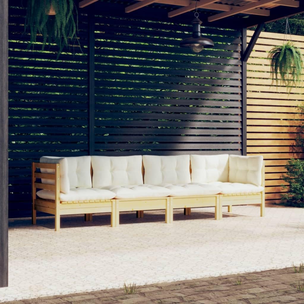 vidaXL Bois de Pin Massif Salon de Jardin 4 pcs avec Coussins Mobilier de Patio Meubles d'Extérieur Mobilier de Jardin Meubles de Terrasse Crème