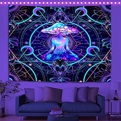 IcosaMro Mushroom Tapestry Blacklight Tapestry |UV Reactive| Wall Hanging For Bedroom Colorful Aesthetic Trippy Psychedelic Glow In The Dark Tapestry Neon Wall Decor, 60x82.7 Inch Cover