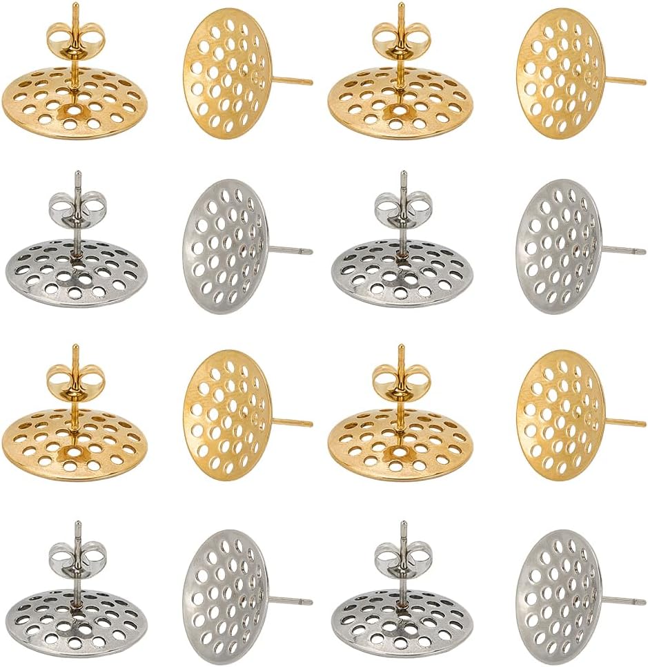 SUNNYCLUE 1 Box 20Pcs Earring Stud Finding 304 Stainless Steel Earring Posts Bulk Gold Silver Metal Flat Round Earrings Studs with Sieve Base Ear Nuts Backs for Jewelry Making DIY Crafts Supplies