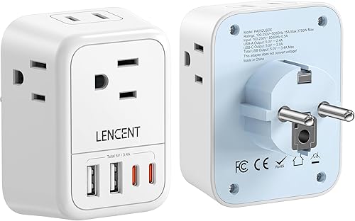 LENCENT Adaptador de corriente de viaje de Alemania Francia, Schuko tipo EF convertidor de enchufe con 4 tomas, 4 cargadores USB (2 tipo C),