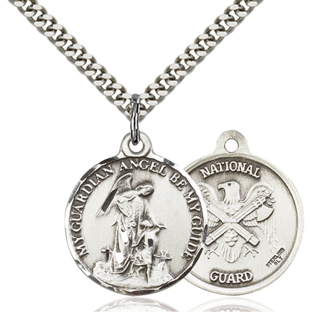 Bonyak Jewelry Saint Medal Collection Sterling Silver Guardain Angel/Nat'l Guard Penda 7/8 x 3/4 inches with Heavy Curb Chain