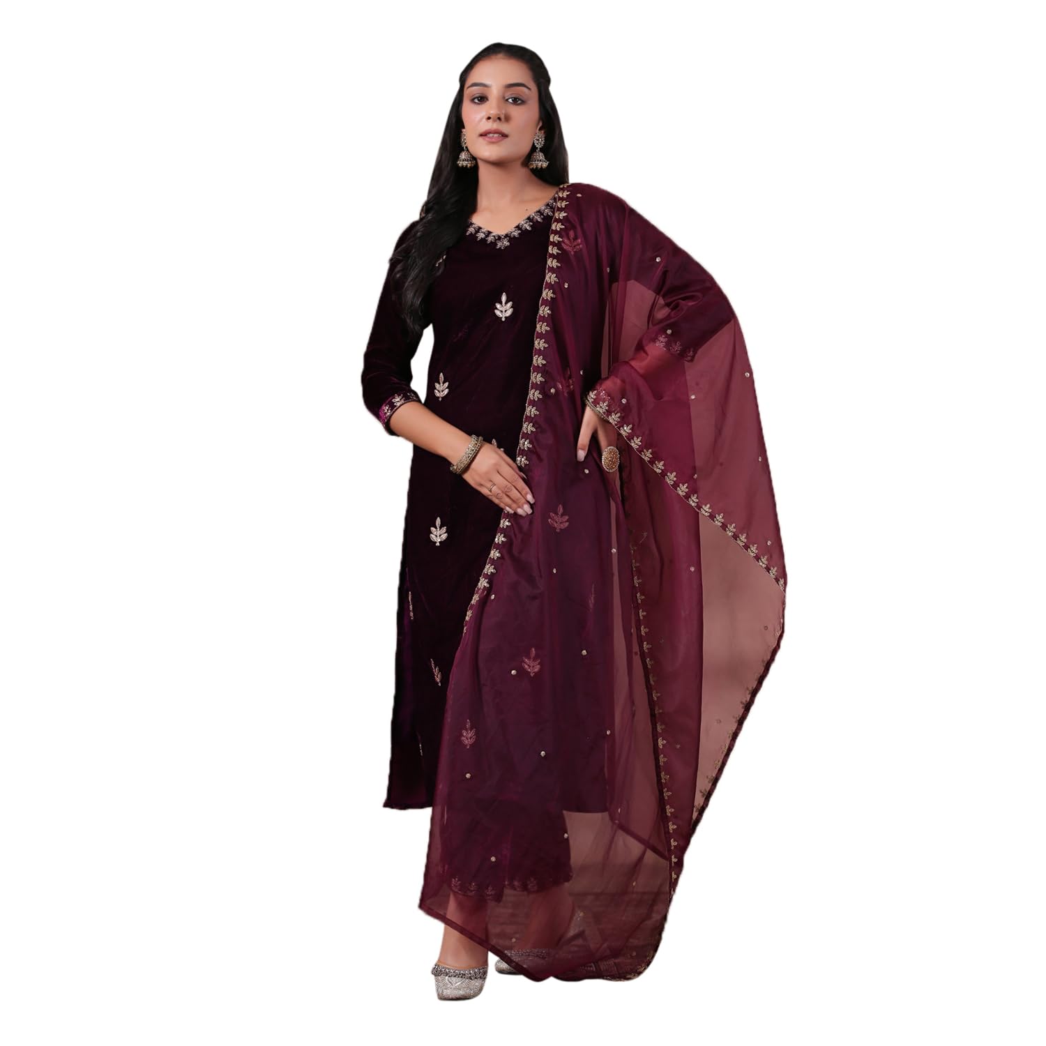 Ishin Women's Velvet Self Design Zari Purple Straight Kurta Suit Set With Trousers & Dupatta