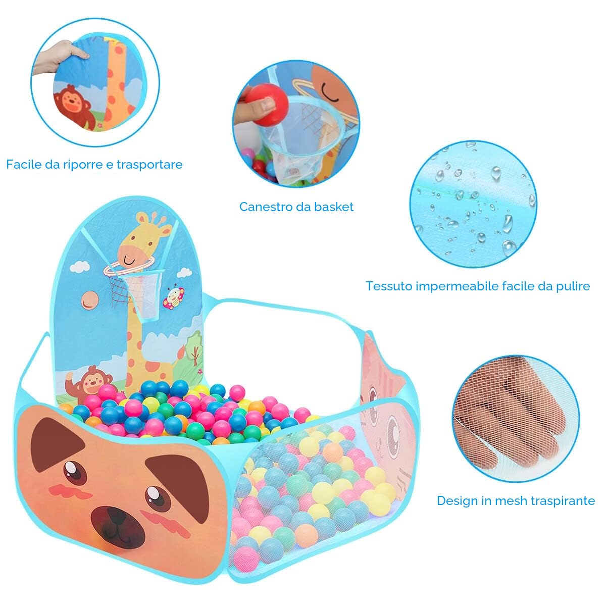 Tenda da gioco per bambini, automontante e pieghevole, con motivo stile cartone animati, con piscina per palline e canestro da basket per uso in ambienti interni ed esterni casetta per bambini