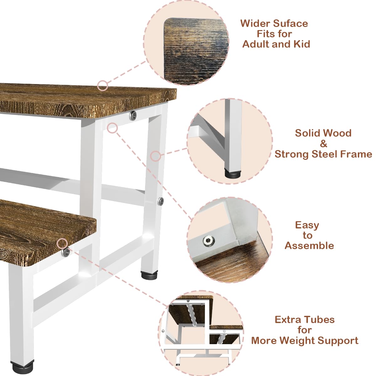 Tritthocker aus Holz mit 2 Stufen für Kleinkinder, Kinder und Erwachsene, robuster Tritthocker mit 227 kg Tragkraft, Fußtritt Hocker für Bett, Wohnzimmer, Badezimmer, Küche – Rustikales Braun