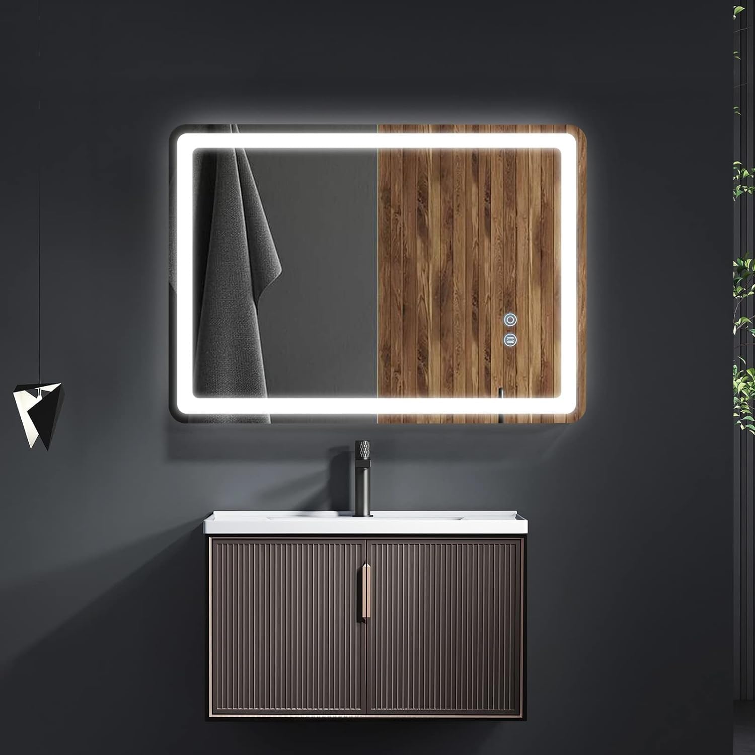 VENETIAN IMAGE Smart Bathroom Mirror with Front LED Lights - 450x600mm Backlit Multifunction Vanity Mirror, 3 LED Light Colors, Dimmable, with Demister Pad (45x60 CM)