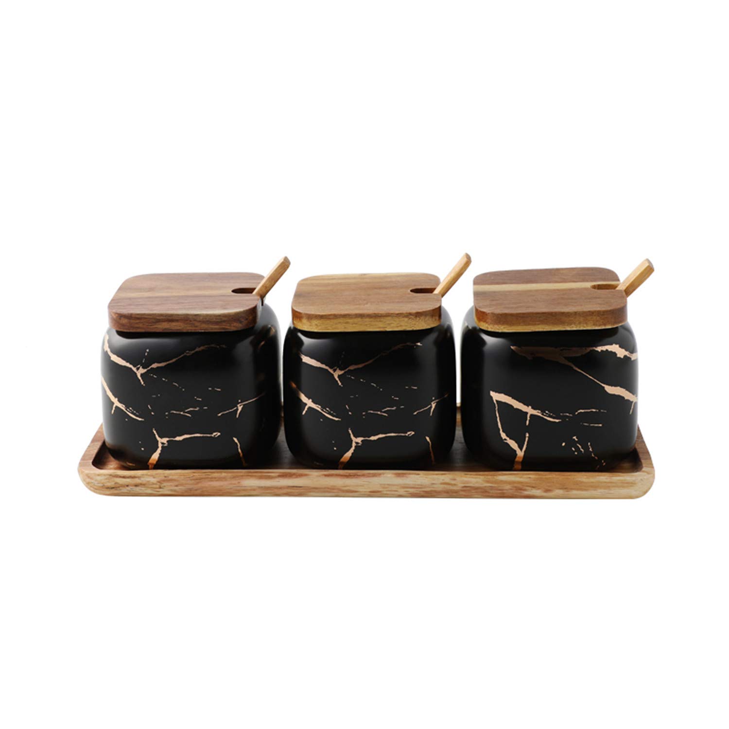 Salt And Sugar Container Sets, Ceramic Kitchen Utensils Each Jar Volume Approx 12Oz, 3 Marble Sugar Bowl with Label Lid And Sugar Serving Spoon,Wooden Tray,Black