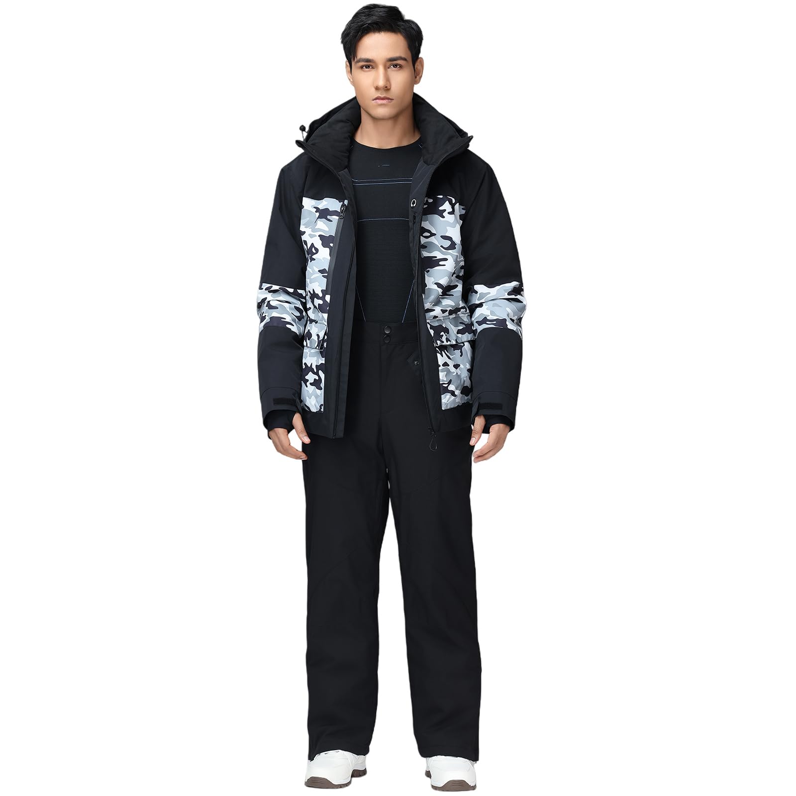 HOUZONIY Traje de nieve para hombre, chaqueta de esquí y pantalones de esquí, juego de dos piezas, ropa de esquí al aire libre, resistente al viento, traje de esquí con capucha para esquiar, snowboard