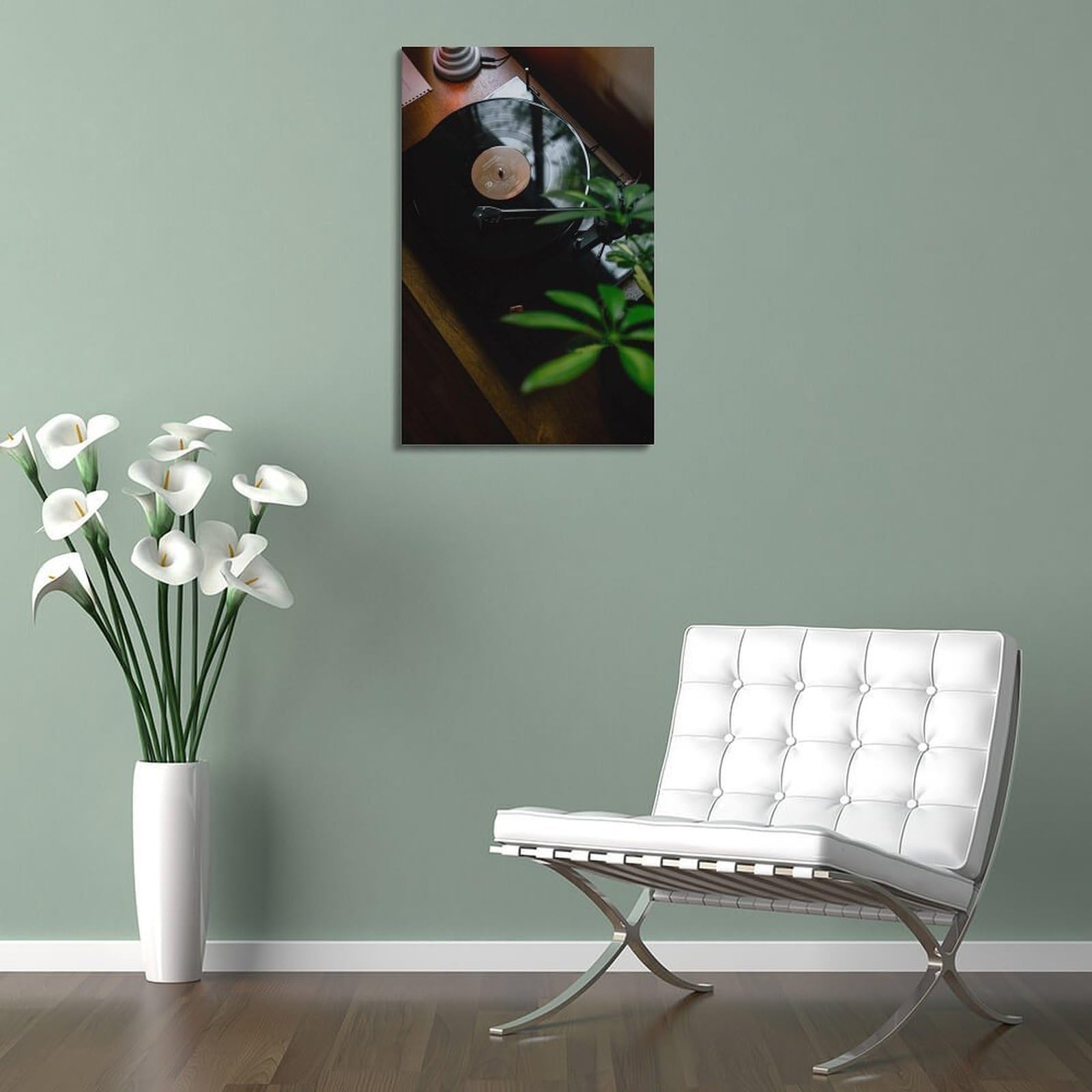 Gramofon z płytą winylową i zieloną rośliną sztuka ścienna, retro muzyka dekoracja do domu i salonu plakat dekoracyjny obraz płótno plakaty ścienne i artystyczny obraz druk nowoczesny rodzinny