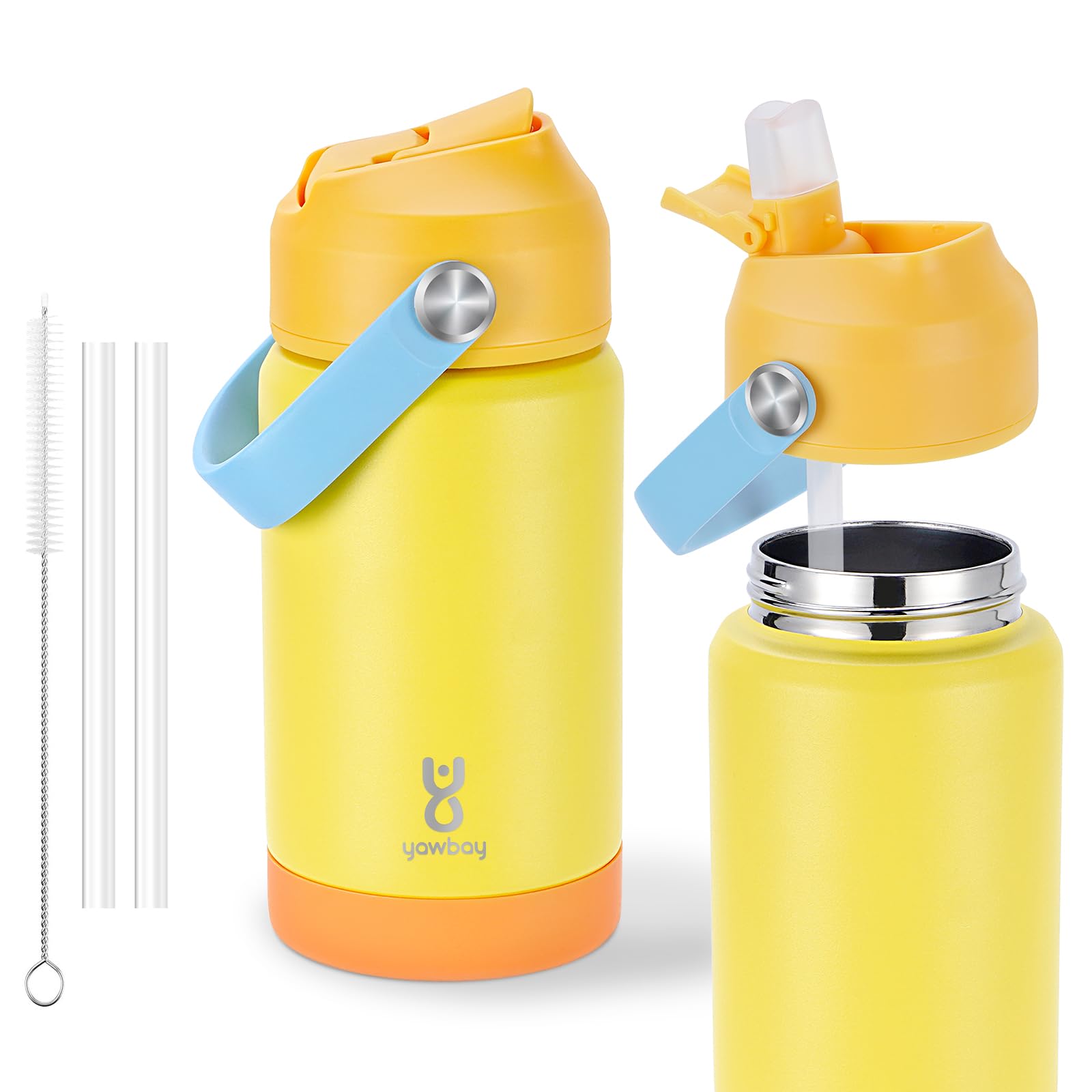 Kids Insulated Water Bottle with Straw Lid & Silicone Handle,12oz Kids Leak Proof Water Bottle for School Boys Girls,Double Wall Vacuum Stainless Steel with Non-slip Silicone Base(Yellow) — image 1