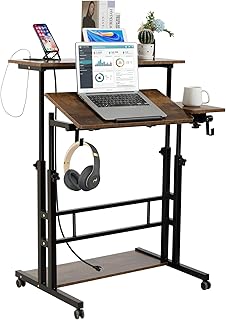 SIDUCAL Mobile Stand Up Desk, Adjustable Laptop Desk with Wheels, Storage Desk Home Office Workstation with USB Ports and Outlets, Rolling Table Laptop Cart for Standing or Sitting, Rustic Brown