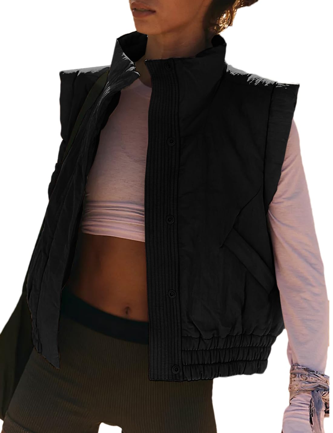 Womens Cropped Puffer Vest Lightweight Button Down Stand Collar Sleeveless Padded Gilet with Pockets
