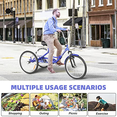 Coewske Adult Folding Tricycle 7 Speed 24 Inch Cruiser Bike 3 Wheel Low-Step Through Frame Large Shopping Basket Adjustable Seat For Women,Men,Seniors(Blue) #TOP6