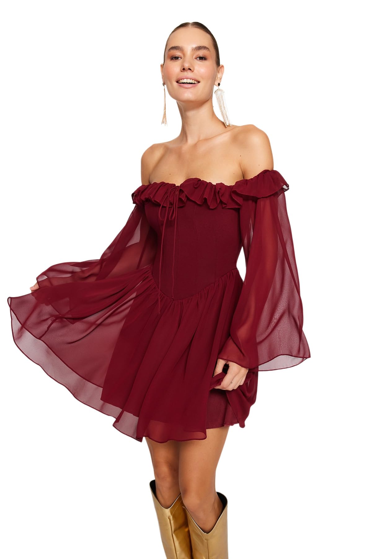 Trendyol Abito da Donna TPRSS23EL00096, Borgogna, 38