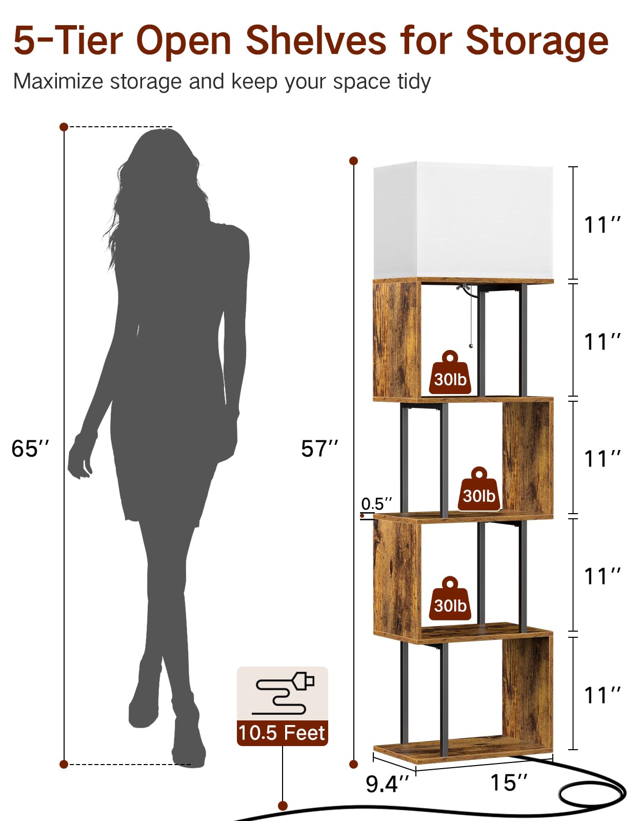 Lampadaire avec Étagère en S à 5 Niveaux, Lampe LED avec 3 Températures de Couleur et Télécommande, Design Moderne pour Salon, Chambre et Bureau