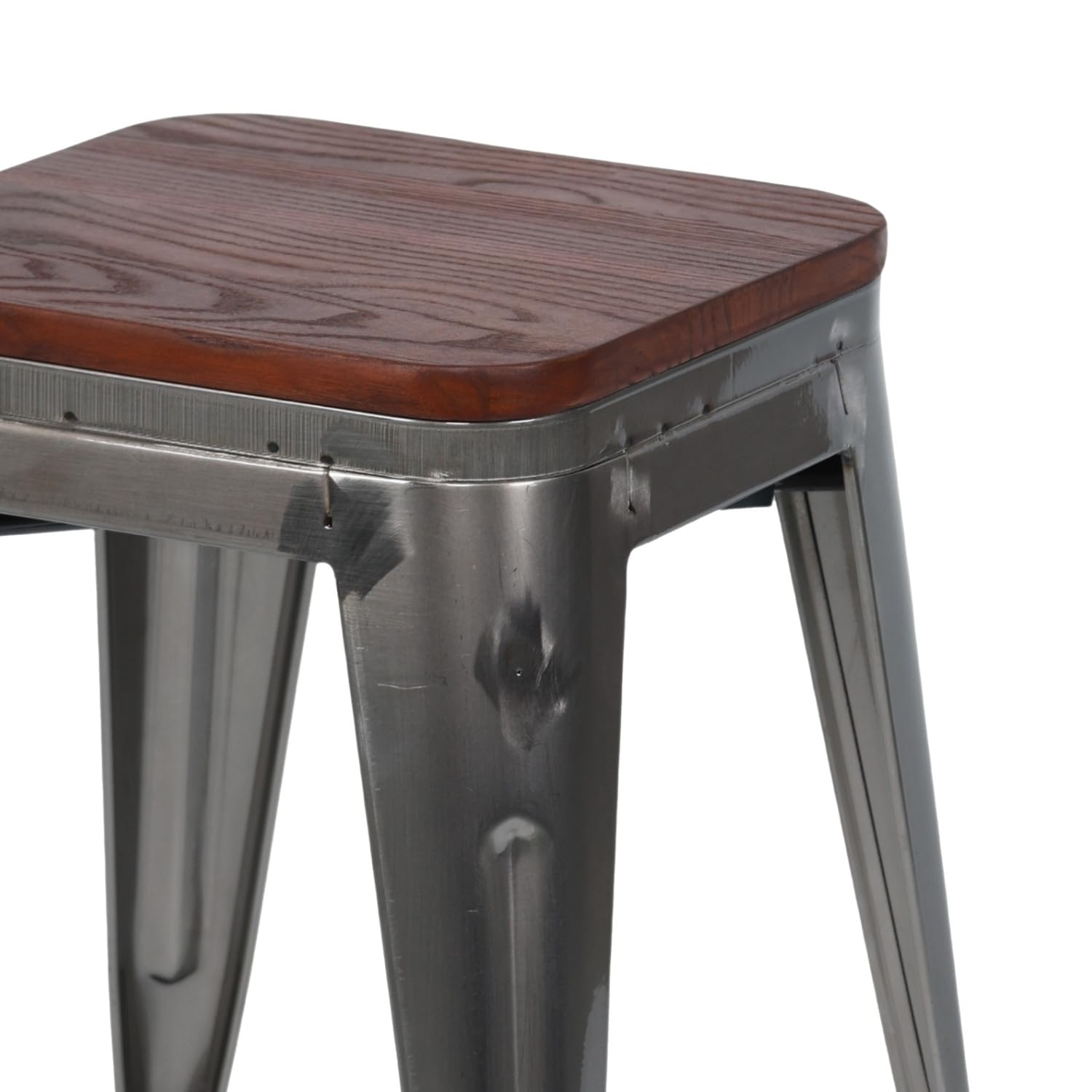 THINIA HOME Pack 4 Taburetes Bajos Industriales Apilables de Acero y Madera 38x38x46cm