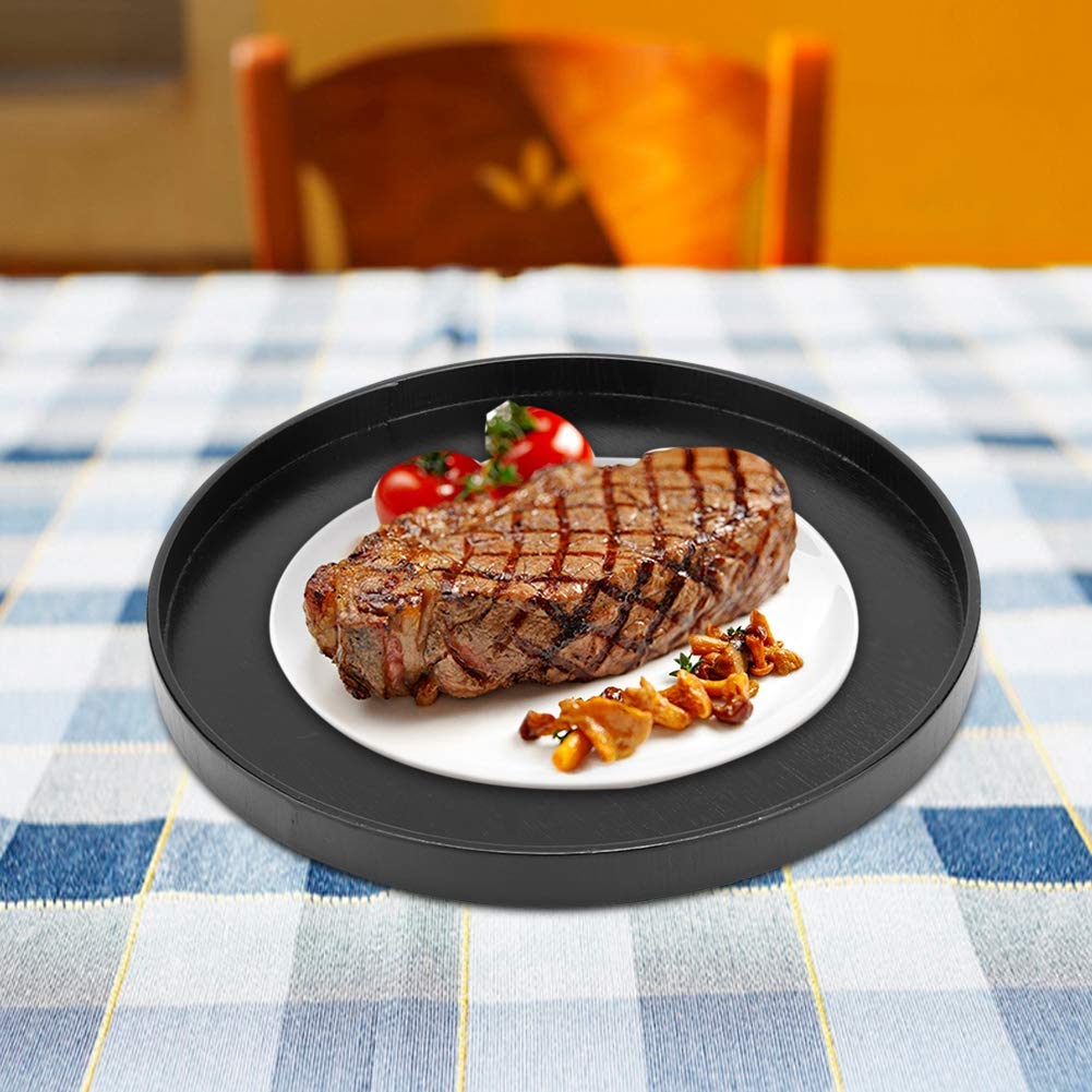 Vassoio di servizio di legno, vassoio rotondo di legno per la colazione antiscivolo Food Tablet Vassoio di servizio per pane Torta Pizza Tè Frutta di casa Stoviglie, Nero (27 cm