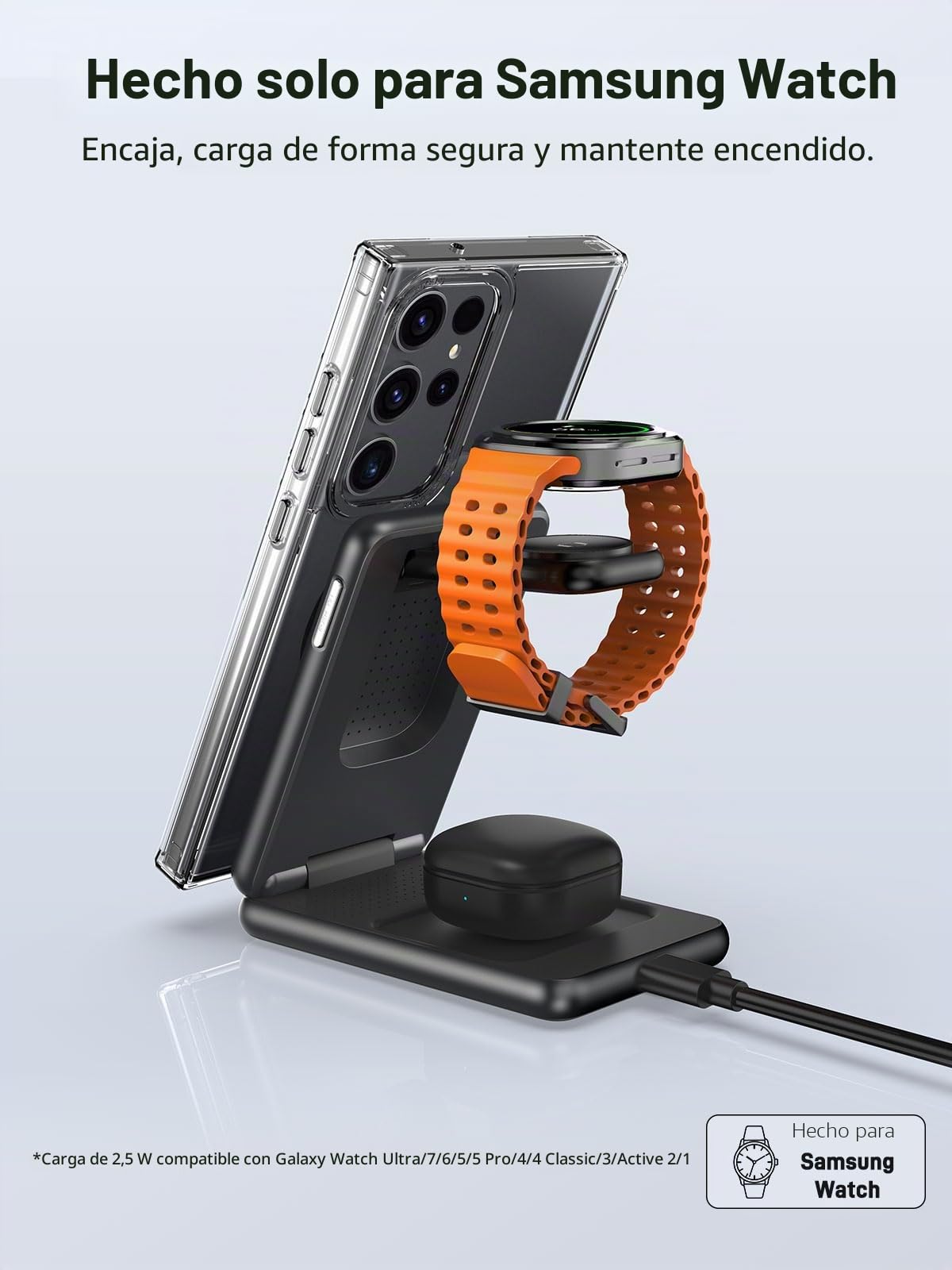 Cargador Inalámbrico para Samsung mag-Safe Charger, Estación de Carga Magnética para Samsung Galaxy S25 Ultra S24, Plegable Cargador Samsung Watch para Galaxy Watch Ultra 8 7 Buds 3 (Argent)