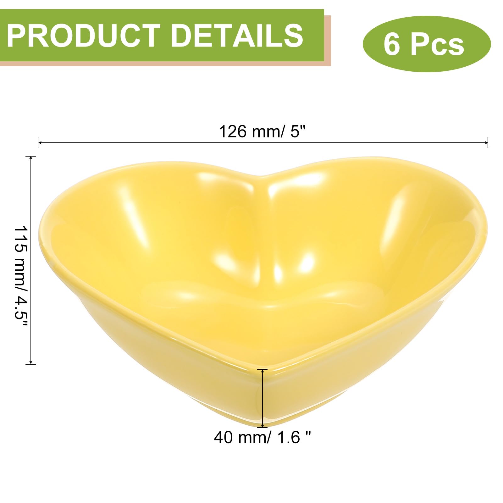 QUARKZMAN Plato Cerámico En Forma De Corazón Amarillo, Juego De 6 Platos Para Salsas De 5", Mini Platos Para Aperitivos Y Condimentos Para Cocina Hogar Bodas Fiestas Restaurantes