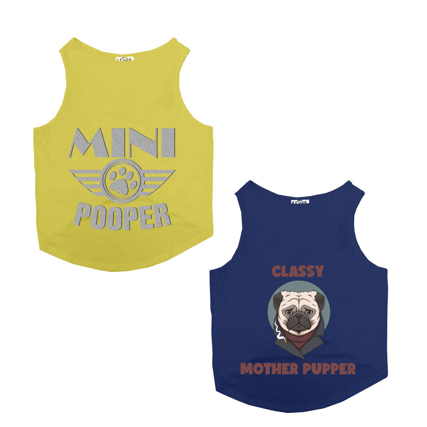 Ruse Pet Set of 2 Mini Pooper & Classy Mother Pupper Round Neck Sleeveless Dog Vest Tank T-Shirt Combo/Tees Apparel/Clothes/Tees Gift for Dogs(Yellow/Navy) Medium (B09VTCL8H5) Amazon Price History, Amazon Price Tracker